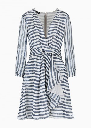 Emporio Armani Silk-chiffon V-neck Elbise With Pictorial Print Striped | EA-SN56502