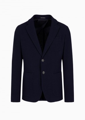 Emporio Armani Single-breasted Jacket In Stretch Virgin-wool Seersucker Mavi | EA-SN57782