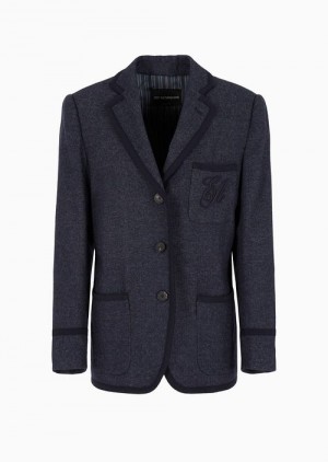 Emporio Armani Single-breasted Jacket With Denim-effect Micro-chevron Yün-blend Lapels Mavi | EA-SN56432