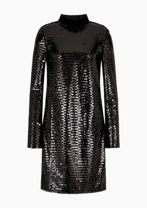 Emporio Armani Soho Capsule Koleksiyonlar Mock-neck Open-back Elbise With Allover Sequins Siyah | EA-SN56487