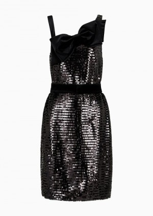 Emporio Armani Soho Capsule Koleksiyonlar Sheath Elbise In Allover Sequins And Maxi Velvet Bow Siyah | EA-SN56488
