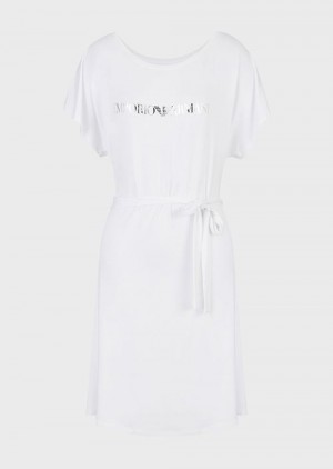 Emporio Armani Stretch-viscose Beach Elbise With Logo Beyaz | EA-SN56542