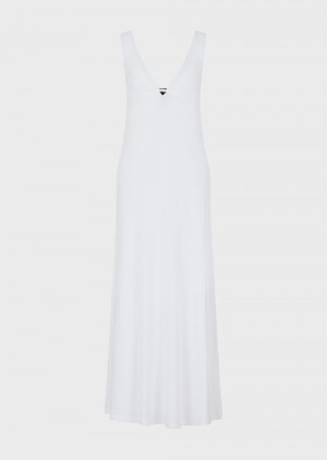 Emporio Armani Stretch-viscose V-neck Long Beach Elbise Beyaz | EA-SN56545
