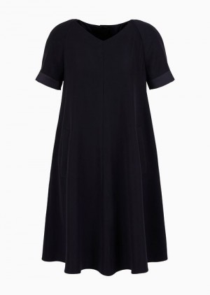 Emporio Armani Tech Cady Flared Elbise With Satin Insert Lacivert Mavi | EA-SN56532