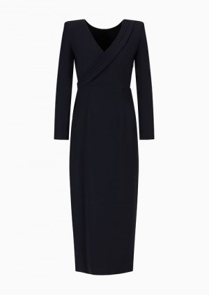 Emporio Armani Techno Cady Midi Elbise With Side Draping Lacivert Mavi | EA-SN56533