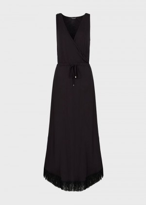 Emporio Armani Viscose Long Beach Elbise With Fringing Siyah | EA-SN56544