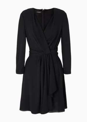 Emporio Armani V-neck Elbise In Sandblasted Fabric With Draping Siyah | EA-SN56519